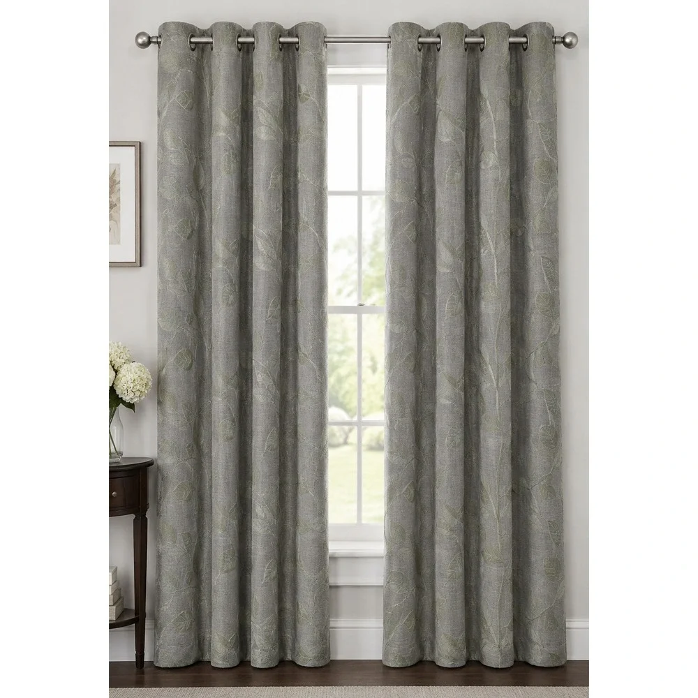 MarthaWindow Hampton Leaf Grommet Curtain Panel 50x84 Sage Shadow Energy Saving